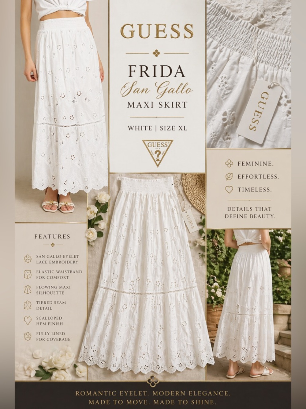 GUESS Frida San Gallo White Eyelet Maxi Skirt XL NWT Lace Boho Cottagecore
